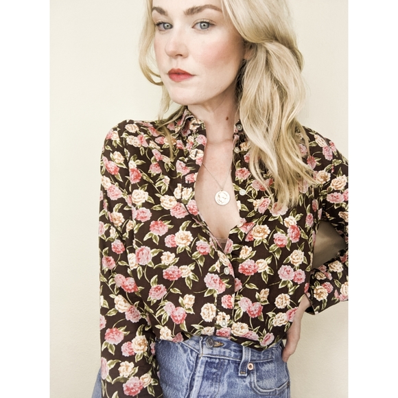 90s Brown Floral Long Sleeve Button Down Blouse - Picture 7 of 14